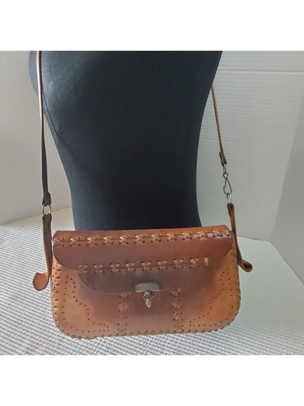 Tooled Leather Purse 10"x5.5" Vintage Tan Handmade Whipstitching Flap Boho
